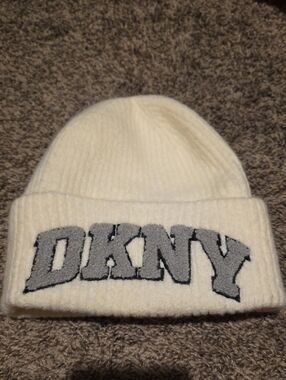 DKNY Cream Beanie with Grey Logo Patch